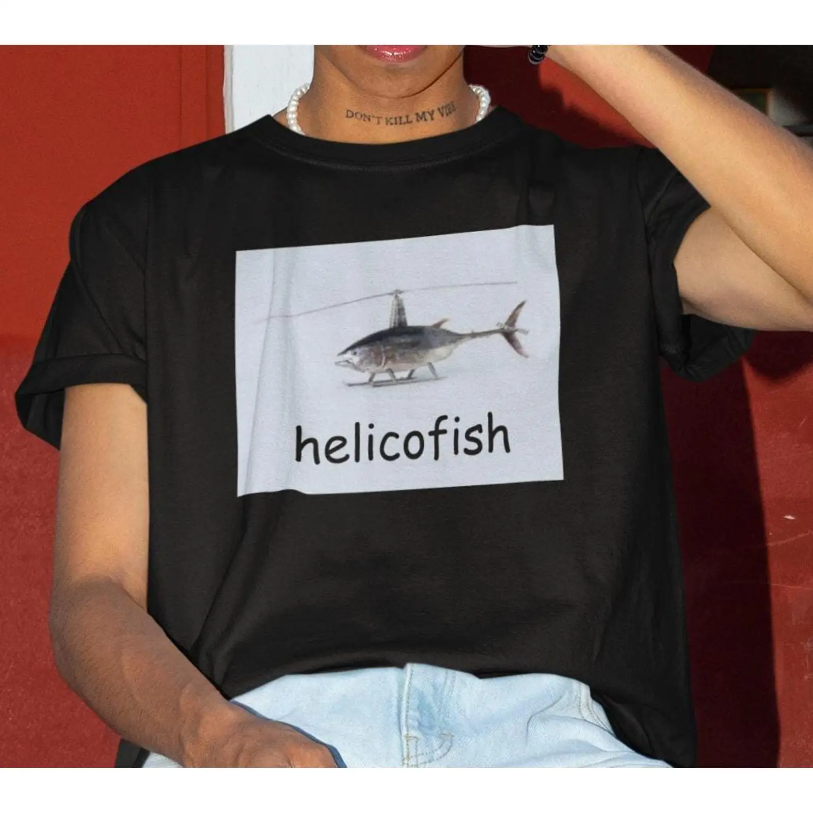 Vintage Fashion Gen Z - Helicofish Funny Meme T 셔츠 헬리콥터