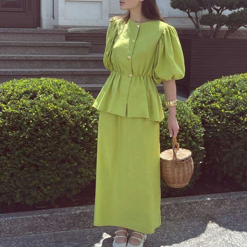 Vintage Fashion Pieces - 패션 O넥 버튼 셔츠 & 스커트