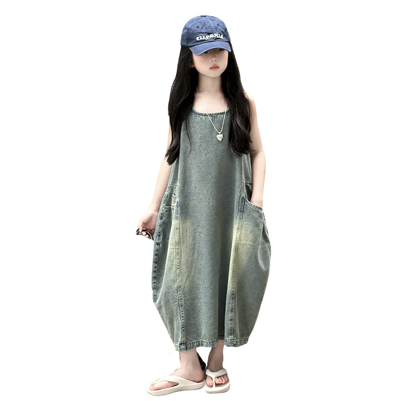 Vintage Fashion Outfit - 빈티지 블루 어린이 소녀 고품질 민소매