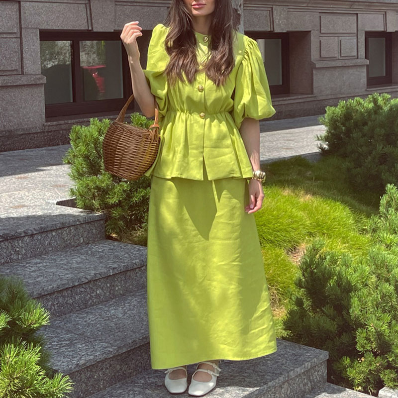 패션 O넥 버튼 셔츠 & 스커트 세트 여성 캐주얼 퍼프 - Vintage Fashion Pieces 리뷰 및 가격