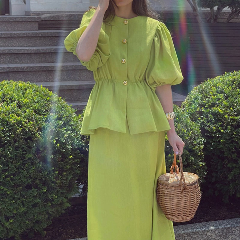 패션 O넥 버튼 셔츠 & 스커트 세트 여성 캐주얼 퍼프 - Vintage Fashion Pieces 리뷰 및 가격