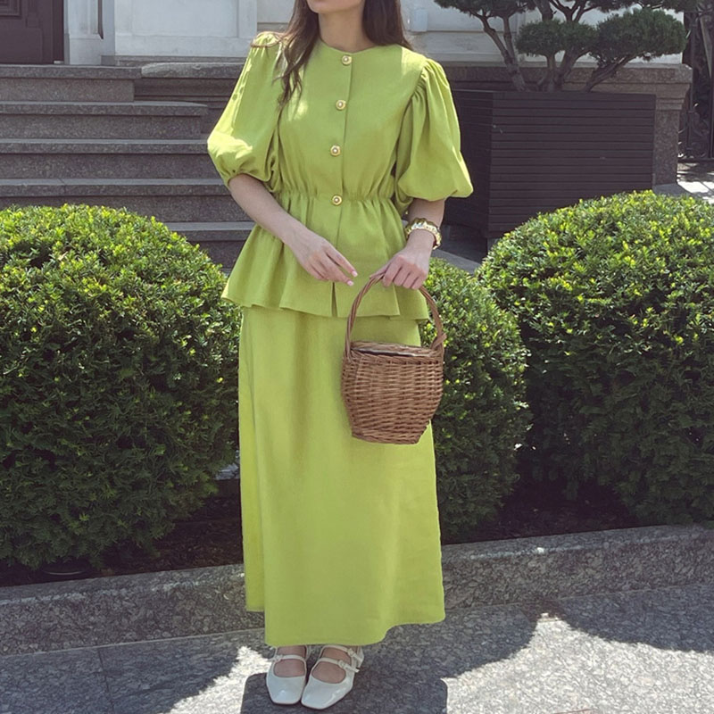 패션 O넥 버튼 셔츠 & 스커트 세트 여성 캐주얼 퍼프 - Vintage Fashion Pieces 리뷰 및 가격