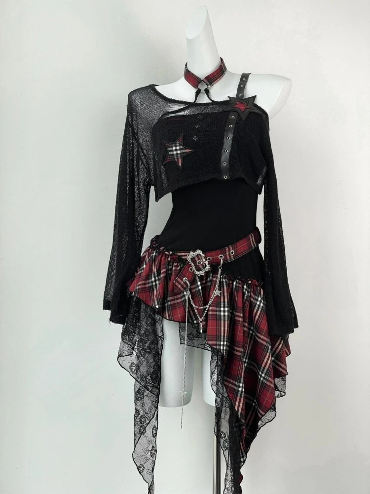 하라주쿠 패션 슬림 고딕 아메리칸 빈티지 2피스 세트  - Vintage Fashion Outfit 리뷰 및 가격